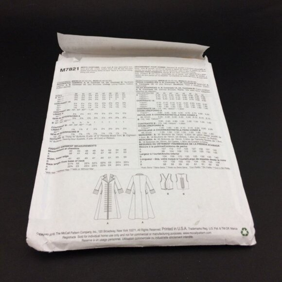 McCalls Costume Pattern 7821  Mens Long Duster Coat Uncut 46-52 Goth Cosplay - Picture 4 of 10